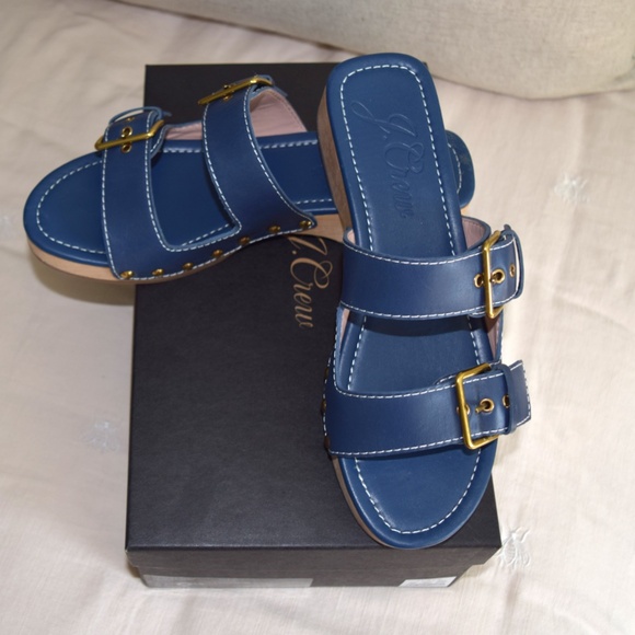 J. Crew Blue Leather Double Buckle Sandals with Wood Sole, in box - Size 9.5 - Picture 6 of 6